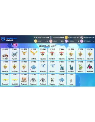 Legendary: 88 | Shiny: 102 | Hundo: 120 | ShinyLegend: 1 [Level: 49 | Stardust: 800.8k | Team: Mystic]