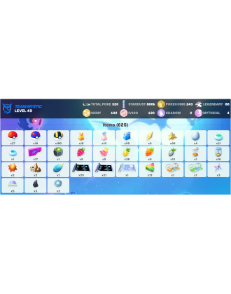 Legendary: 88 | Shiny: 102 | Hundo: 120 | ShinyLegend: 1 [Level: 49 | Stardust: 800.8k | Team: Mystic]
