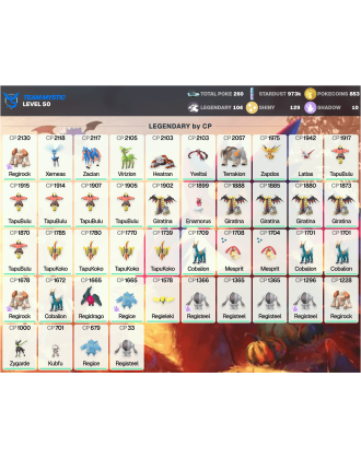 Legendary: 104 | Shiny: 129 | ShinyLegend: 3 [Level: 50 | Stardust: 973.9k | Team: Mystic]