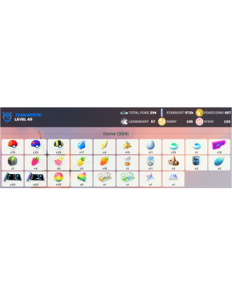 Legendary: 57 | Shiny: 105 | Hundo: 123 | ShinyLegend: 4 [Level: 49 | Stardust: 972.7k | Team: Mystic]