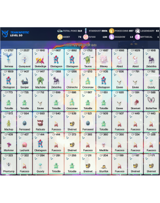 Legendary: 63 | Shiny: 73 | Hundo: 120 | ShinyLegend: 1 [Level: 50 | Stardust: 880.1k | Team: Mystic]