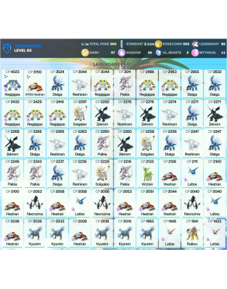 Legendary: 80 | Shiny: 97 | ShinyLegend: 2 [Level: 65 | Stardust: 2.11m | Team: Mystic]
