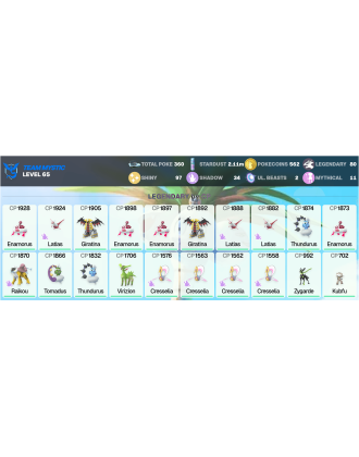 Legendary: 80 | Shiny: 97 | ShinyLegend: 2 [Level: 65 | Stardust: 2.11m | Team: Mystic]