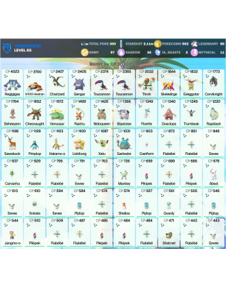 Legendary: 80 | Shiny: 97 | ShinyLegend: 2 [Level: 65 | Stardust: 2.11m | Team: Mystic]