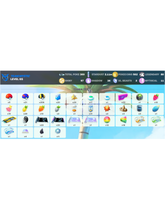 Legendary: 80 | Shiny: 97 | ShinyLegend: 2 [Level: 65 | Stardust: 2.11m | Team: Mystic]