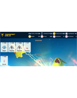 Legendary: 63 | Shiny: 76 | Hundo: 122 | ShinyLegend: 6 [Level: 49 | Stardust: 912.1k | Team: Instinct]