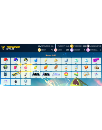Legendary: 63 | Shiny: 76 | Hundo: 122 | ShinyLegend: 6 [Level: 49 | Stardust: 912.1k | Team: Instinct]