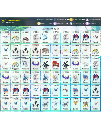 Legendary: 80 | Shiny: 120 | ShinyLegend: 3 [Level: 60 | Stardust: 2.75m | Team: Instinct]