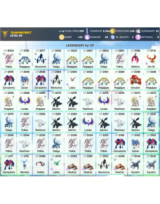 Legendary: 91 | Shiny: 132 | ShinyLegend: 9 [Level: 60 | Stardust: 2.39m | Team: Instinct]