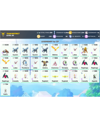 Legendary: 91 | Shiny: 132 | ShinyLegend: 9 [Level: 60 | Stardust: 2.39m | Team: Instinct]