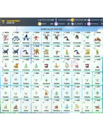 Legendary: 91 | Shiny: 132 | ShinyLegend: 9 [Level: 60 | Stardust: 2.39m | Team: Instinct]