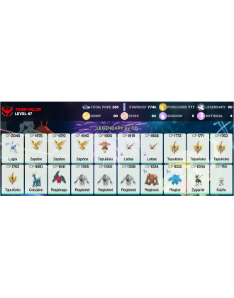 Legendary: 80 | Shiny: 80 | Hundo: 83 | ShinyLegend: 6 [Level: 47 | Stardust: 775k | Team: Valor]