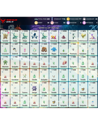 Legendary: 80 | Shiny: 80 | Hundo: 83 | ShinyLegend: 6 [Level: 47 | Stardust: 775k | Team: Valor]