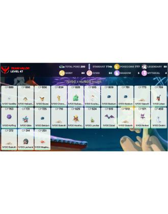 Legendary: 80 | Shiny: 80 | Hundo: 83 | ShinyLegend: 6 [Level: 47 | Stardust: 775k | Team: Valor]