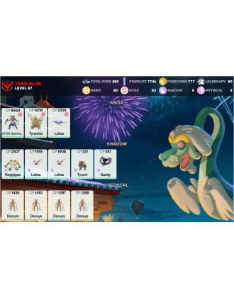 Legendary: 80 | Shiny: 80 | Hundo: 83 | ShinyLegend: 6 [Level: 47 | Stardust: 775k | Team: Valor]