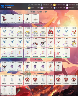 Legendary: 120 | Shiny: 135 | ShinyLegend: 6 [Level: 60 | Stardust: 1.99m | Team: Mystic]