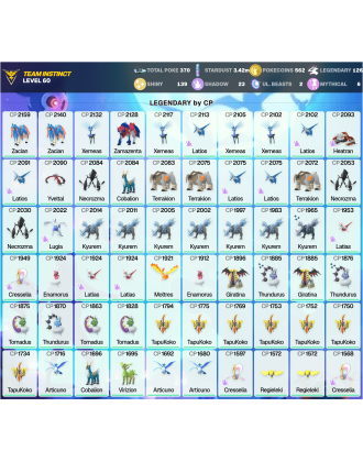 Legendary: 126 | Shiny: 139 | ShinyLegend: 4 [Level: 60 | Stardust: 3.42m | Team: Instinct]
