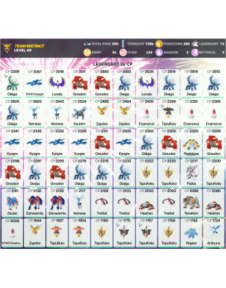Legendary: 72 | Shiny: 91 | Hundo: 102 | ShinyLegend: 4 [Level: 49 | Stardust: 728.7k | Team: Instinct]