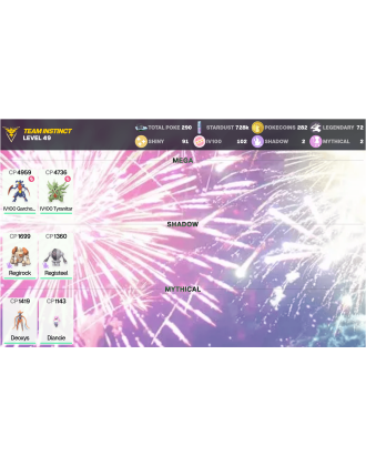 Legendary: 72 | Shiny: 91 | Hundo: 102 | ShinyLegend: 4 [Level: 49 | Stardust: 728.7k | Team: Instinct]