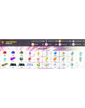 Legendary: 72 | Shiny: 91 | Hundo: 102 | ShinyLegend: 4 [Level: 49 | Stardust: 728.7k | Team: Instinct]
