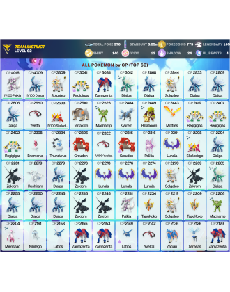Legendary: 105 | Shiny: 140 | Hundo: 12 | ShinyLegend: 2 [Level: 62 | Stardust: 3.86m | Team: Instinct]