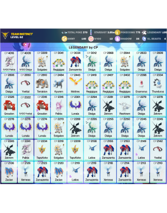 Legendary: 105 | Shiny: 140 | Hundo: 12 | ShinyLegend: 2 [Level: 62 | Stardust: 3.86m | Team: Instinct]