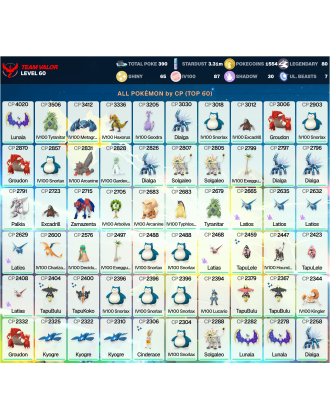 Legendary: 80 | Shiny: 65 | Hundo: 87 | ShinyLegend: 5 [Level: 60 | Stardust: 3.31m | Team: Valor]