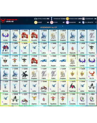 Legendary: 80 | Shiny: 65 | Hundo: 87 | ShinyLegend: 5 [Level: 60 | Stardust: 3.31m | Team: Valor]