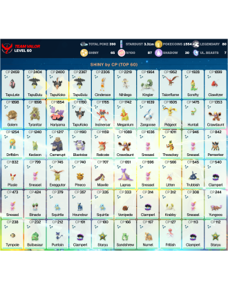Legendary: 80 | Shiny: 65 | Hundo: 87 | ShinyLegend: 5 [Level: 60 | Stardust: 3.31m | Team: Valor]