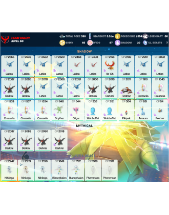 Legendary: 80 | Shiny: 65 | Hundo: 87 | ShinyLegend: 5 [Level: 60 | Stardust: 3.31m | Team: Valor]