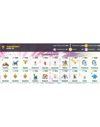 Legendary: 80 | Shiny: 93 | ShinyLegend: 10 [Level: 55 | Stardust: 1.5m | Team: Instinct]