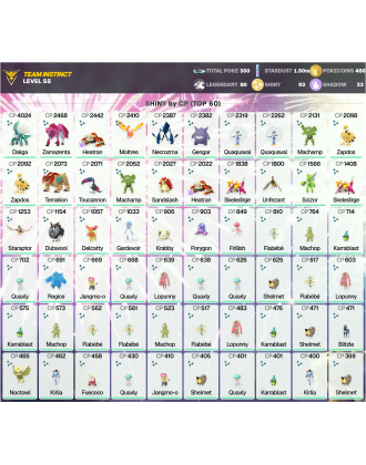Legendary: 80 | Shiny: 93 | ShinyLegend: 10 [Level: 55 | Stardust: 1.5m | Team: Instinct]