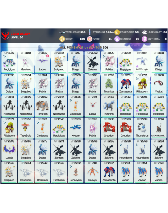 Legendary: 100 | Shiny: 134 | Hundo: 11 | ShinyLegend: 3 [Level: 60 | Stardust: 3.69m | Team: Valor]