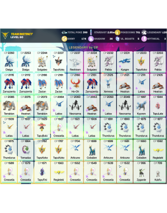 Legendary: 120 | Shiny: 174 | ShinyLegend: 6 [Level: 60 | Stardust: 2.85m | Team: Instinct]