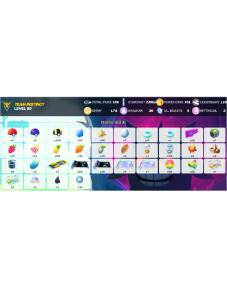 Legendary: 120 | Shiny: 174 | ShinyLegend: 6 [Level: 60 | Stardust: 2.85m | Team: Instinct]
