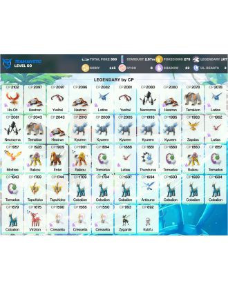 Legendary: 107 | Shiny: 115 | Hundo: 8 | ShinyLegend: 6 [Level: 60 | Stardust: 2.57m | Team: Mystic]