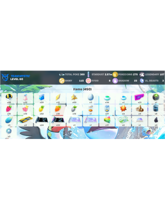Legendary: 107 | Shiny: 115 | Hundo: 8 | ShinyLegend: 6 [Level: 60 | Stardust: 2.57m | Team: Mystic]