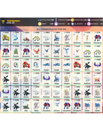 Legendary: 100 | Shiny: 100 | ShinyLegend: 4 [Level: 60 | Stardust: 2.88m | Team: Instinct]