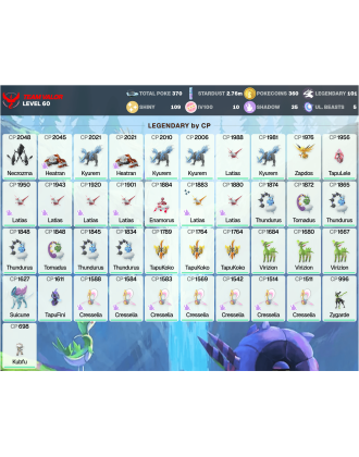 Legendary: 101 | Shiny: 109 | Hundo: 10 | ShinyLegend: 4 [Level: 60 | Stardust: 2.77m | Team: Valor]
