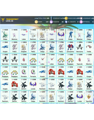 Legendary: 121 | Shiny: 123 | ShinyLegend: 5 [Level: 58 | Stardust: 1.17m | Team: Instinct]