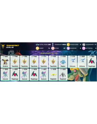Legendary: 77 | Shiny: 71 | Hundo: 87 | ShinyLegend: 1 [Level: 48 | Stardust: 850.5k | Team: Instinct]