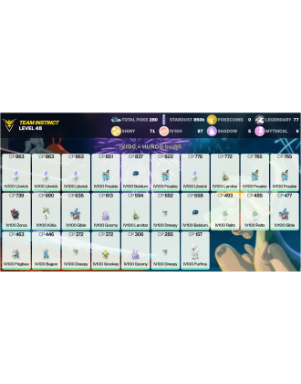 Legendary: 77 | Shiny: 71 | Hundo: 87 | ShinyLegend: 1 [Level: 48 | Stardust: 850.5k | Team: Instinct]