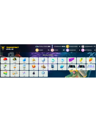 Legendary: 77 | Shiny: 71 | Hundo: 87 | ShinyLegend: 1 [Level: 48 | Stardust: 850.5k | Team: Instinct]