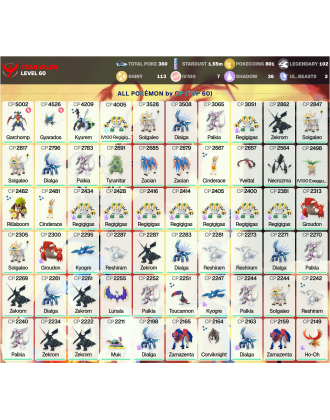 Legendary: 102 | Shiny: 113 | Hundo: 7 | ShinyLegend: 7 [Level: 60 | Stardust: 1.56m | Team: Valor]