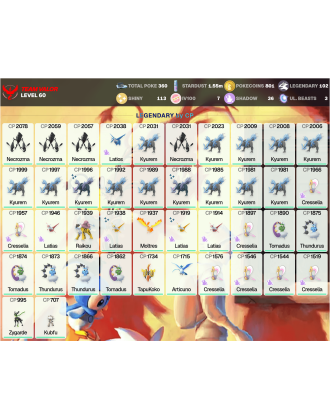 Legendary: 102 | Shiny: 113 | Hundo: 7 | ShinyLegend: 7 [Level: 60 | Stardust: 1.56m | Team: Valor]