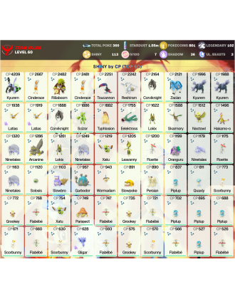 Legendary: 102 | Shiny: 113 | Hundo: 7 | ShinyLegend: 7 [Level: 60 | Stardust: 1.56m | Team: Valor]