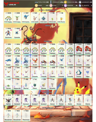 Legendary: 102 | Shiny: 113 | Hundo: 7 | ShinyLegend: 7 [Level: 60 | Stardust: 1.56m | Team: Valor]