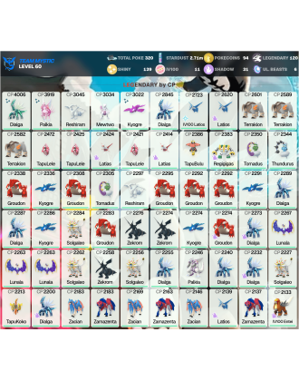 Legendary: 120 | Shiny: 139 | Hundo: 11 | ShinyLegend: 9 [Level: 60 | Stardust: 2.72m | Team: Mystic]