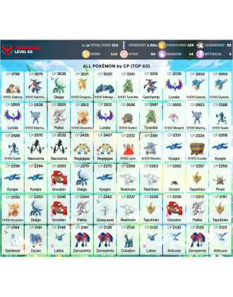 Legendary: 82 | Shiny: 112 | Hundo: 83 | ShinyLegend: 1 [Level: 55 | Stardust: 1.92m | Team: Valor]