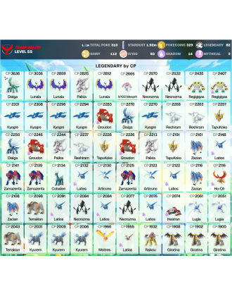 Legendary: 82 | Shiny: 112 | Hundo: 83 | ShinyLegend: 1 [Level: 55 | Stardust: 1.92m | Team: Valor]